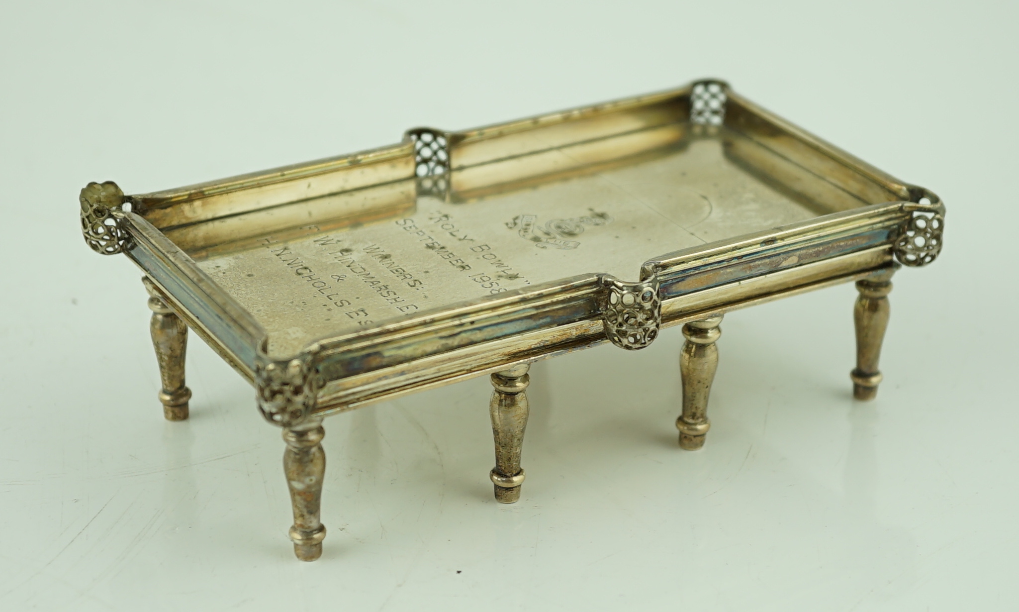 A mid 20th century Indian miniature silver presentation trophy, modelled as a billiards table, by Kli Pada Das, of Bhowanipur, Calcutta